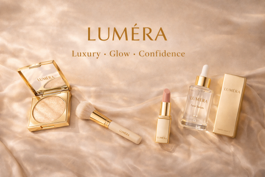 Luméra luxury beauty products including golden highlighter compact, makeup brush, nude lipstick, and face serum displayed on soft champagne satin background.